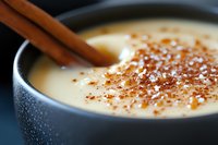 Creamy vanilla custard dessert topped with caramelized sugar and cinnamon stick garnish in dark ceramic bowl, macro food photography with selective focus.