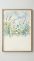 Watercolor painting of wild grasses and plants in soft green and blue tones, framed artwork hanging on neutral wall for home decor and interior design.