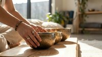 Hands playing singing bowl with mallet in sunlit room, mindfulness and meditation practice for wellness and relaxation therapy.
