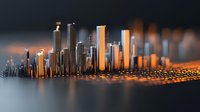 Modern city skyline with glowing orange skyscrapers reflecting sunset light against dark background, creating dramatic urban landscape with futuristic architectural elements.