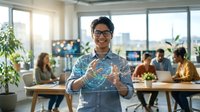 Young Asian businessman holding holographic globe network in modern office workspace with diverse team collaborating in background for global business technology.