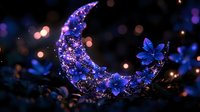 Magical crescent moon decorated with glowing blue flowers and sparkles against dark background with bokeh lights creating dreamy nighttime atmosphere.
