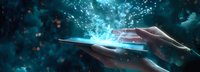 Glowing magical dagger floating between hands in dark mystical atmosphere with sparkling blue particles and ethereal light effects, fantasy concept art.