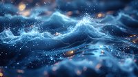 Magical ocean waves with glowing particles and splashing water at night, dramatic seascape with luminescent plankton effect and bokeh lights creating mystical atmosphere.
