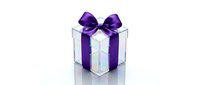 Elegant transparent gift box with purple satin ribbon and bow isolated on white background for holiday celebrations and special occasions.