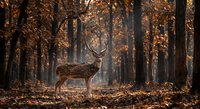 Spotted deer standing gracefully in golden autumn forest with warm sunlight filtering through trees creating magical woodland atmosphere.