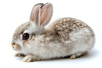 Adorable spotted dwarf rabbit with gray and white fur sitting on white background, side view portrait of young bunny showing distinctive ears and soft coat. Isolated.