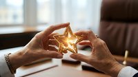 Businessman hands holding glowing golden star symbol representing success, achievement and excellence in modern office environment.
