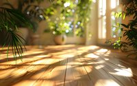Sunlight streaming through window creates geometric shadows on wooden floor, with green plant leaves in soft focus background. Natural morning ambiance.