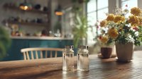 Salt and pepper shakers on rustic wooden table with yellow flowers in pot, bright kitchen interior with shelves and plants in background.