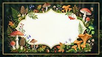 Botanical frame with mushrooms, ferns and forest plants on dark background. Natural border design for autumn seasonal projects and organic branding materials.