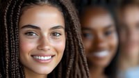 Young woman with box braids and bright smile looking at camera, natural makeup and glowing skin. Blurred female friends in background create depth and warmth.
