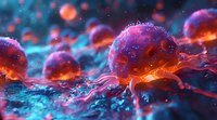 Microscopic view of glowing orange and pink cells with tentacle-like projections against blue background, showcasing cellular biology in vibrant detail.