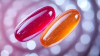 Vibrant red and orange gel capsules floating against blurred bokeh background, showcasing pharmaceutical supplements in modern lighting for healthcare and medical concepts.