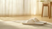 White comfortable home slippers on wooden floor with warm sunlight and shadow from window, creating cozy morning atmosphere in minimalist interior space.