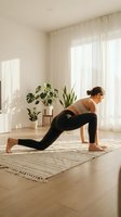 Woman practicing downward dog yoga pose in bright home studio with plants and sheer curtains, suitable for wellness and fitness content.