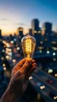 Hand holding glowing vintage Edison bulb against blurred city skyline at dusk with bokeh lights for innovation and creativity concepts.