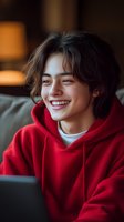 Young Asian person wearing red hoodie smiling genuinely while relaxing at home. Natural lighting creates warm atmosphere for authentic lifestyle portrait.