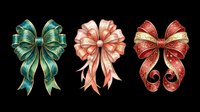 Decorative bows isolated on transparent background, ready for t-shirt designs, clipart, stickers, sublimation, and print-on-demand products. Three elegant ribbon bows in green, coral, and red with ornamental details.