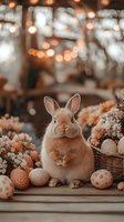 Adorable ginger rabbit sitting among Easter eggs and spring flowers with warm bokeh lights in background, creating festive holiday atmosphere.