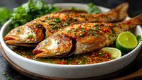 Grilled whole fish with herbs and spices served on white plate with lime wedges and fresh parsley garnish for culinary and restaurant menu designs.