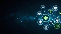 Digital healthcare technology background with glowing hexagonal medical icons and network connections for modern medicine presentations.