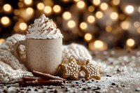Cozy winter hot chocolate with whipped cream and gingerbread cookies on knitted blanket with warm bokeh lights creating festive holiday atmosphere.
