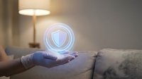 Hand holding glowing shield hologram symbol representing cybersecurity, data protection and digital safety in modern living room interior.