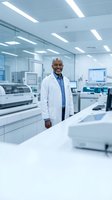 Senior African American male scientist in white lab coat standing confidently in modern research laboratory with advanced equipment and computers.