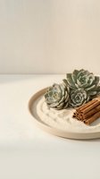 Minimalist ceramic plate with green succulents and cinnamon sticks on white sand for spa wellness meditation and natural home decor styling.