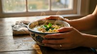 Person holding bowl of Asian noodle soup with vegetables and broth by window, ready for meal preparation, cooking, food styling, restaurant, or culinary content.