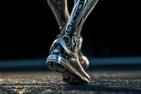 Runner's foot in athletic shoe pushing off asphalt during sprint training, capturing dynamic motion and performance energy for sports and fitness marketing.