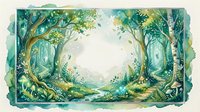 Enchanted forest clearing with ancient trees, moss-covered rocks and magical sunlight streaming through lush green canopy creating mystical woodland atmosphere.
