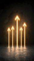 Glowing neon arrows pointing upward in ascending height order against dark textured wall, symbolizing growth, progress and success in business analytics.