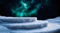 Mystical winter night scene with snow-covered steps against dark sky illuminated by ethereal turquoise aurora borealis lights creating magical atmosphere.
