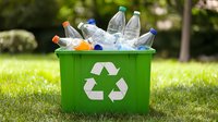 Green recycling bin filled with plastic bottles on grass lawn in sunlight, promoting environmental sustainability and waste management practices.