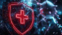 Glowing red medical cross shield symbol with protective barrier against virus particles in dark blue atmospheric background with digital effects.