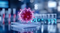 Pink glowing virus cell floating over laboratory multiwell plate with blue bokeh background, scientific research concept for medical publications.