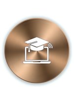 Online education graduation cap laptop icon on copper metallic circle button for e-learning platforms and digital academic achievement concepts.