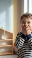 Happy young boy covering mouth with hands while laughing in bright playroom with wooden furniture and colorful background for childhood joy concepts.