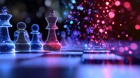 Glowing chess pieces on board with magical pink and blue bokeh lights creating mystical atmosphere against dark background. Strategic game concept.