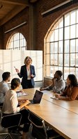 Middle-aged woman in business attire leading a presentation to four diverse colleagues in a modern loft office with exposed brick and large windows, suitable for corporate training and business communication materials.