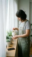 Young woman in striped shirt and apron watering houseplants by window. Indoor gardening and plant care lifestyle concept for home decoration.
