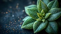 Succulent plant with water droplets on dark background, macro photography showing detailed texture of green leaves with morning dew in dramatic lighting.