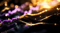Abstract glowing purple and gold waves with bokeh lights on dark background create dynamic financial market visualization with blurred motion effect.