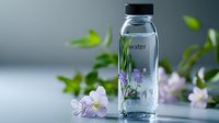 Clear glass water bottle with lavender flowers and green herbs infused, surrounded by fresh blossoms on light surface against soft gray background.
