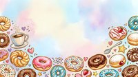 Assorted donuts and pastries with coffee cup arranged on pastel watercolor background, perfect for bakery, cafe, and food-related design projects.
