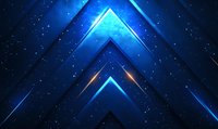 Abstract dark blue geometric background with glowing neon arrows pointing upward, starry space effect and light streaks creating dynamic futuristic composition.