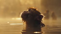 Majestic hippo emerging from misty golden water at sunrise, silhouetted against warm morning light with water droplets creating atmospheric nature scene.