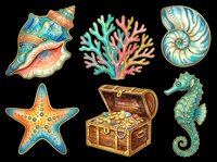 Colorful ocean-themed clipart collection featuring isolated seashells, starfish, coral, seahorse, and treasure chest on transparent background. Ready for t-shirts, stickers, sublimation, print-on-demand designs.